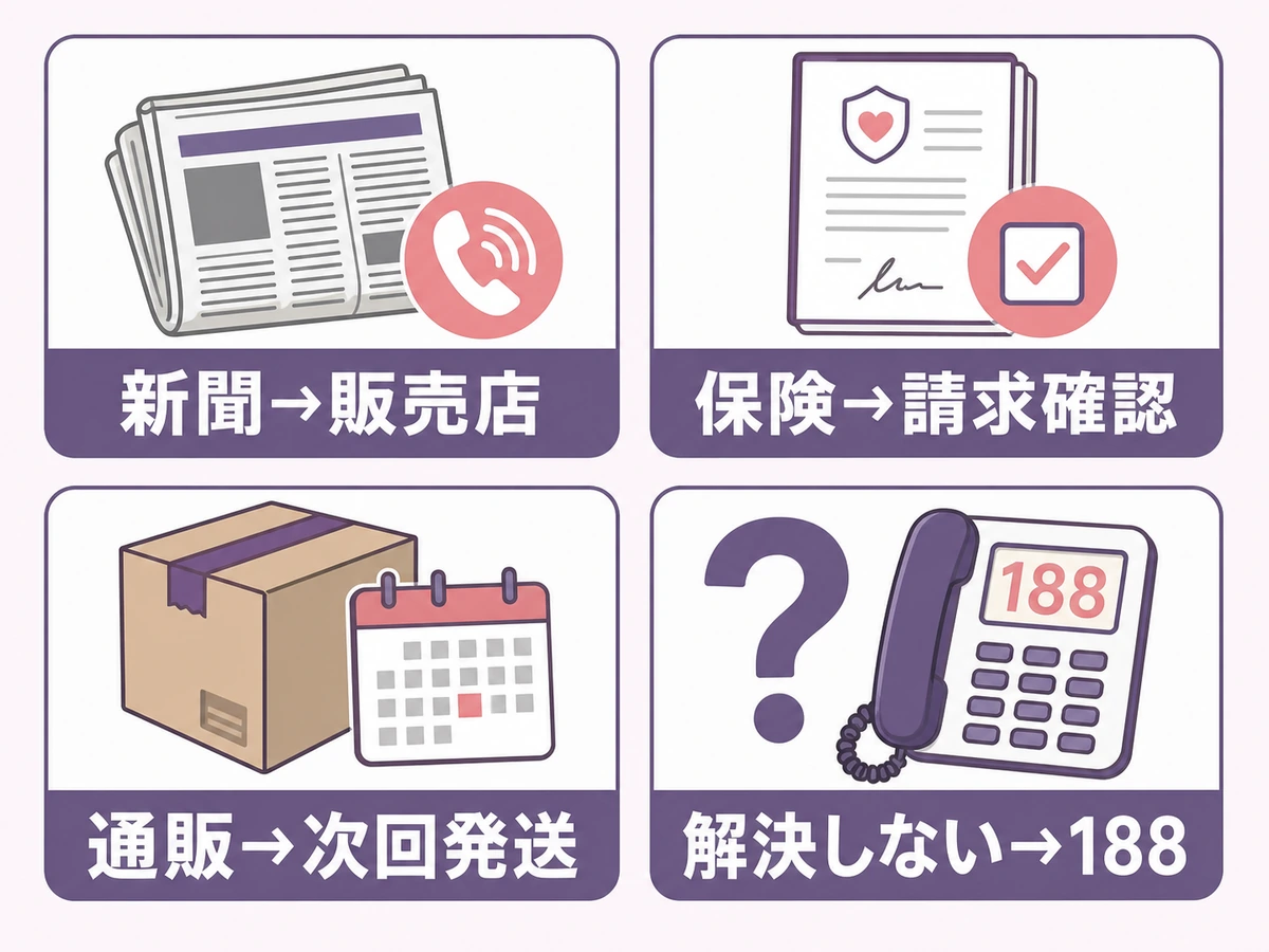 新聞・保険・通販の契約別に最初の確認先を示す図