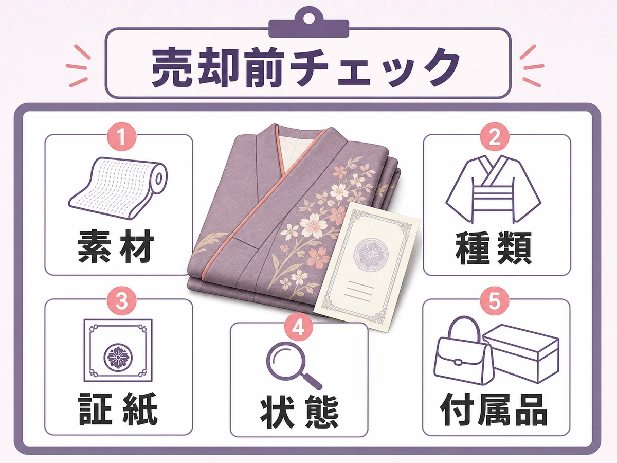 古い着物の売却前に素材・種類・証紙・状態・付属品を確認する図