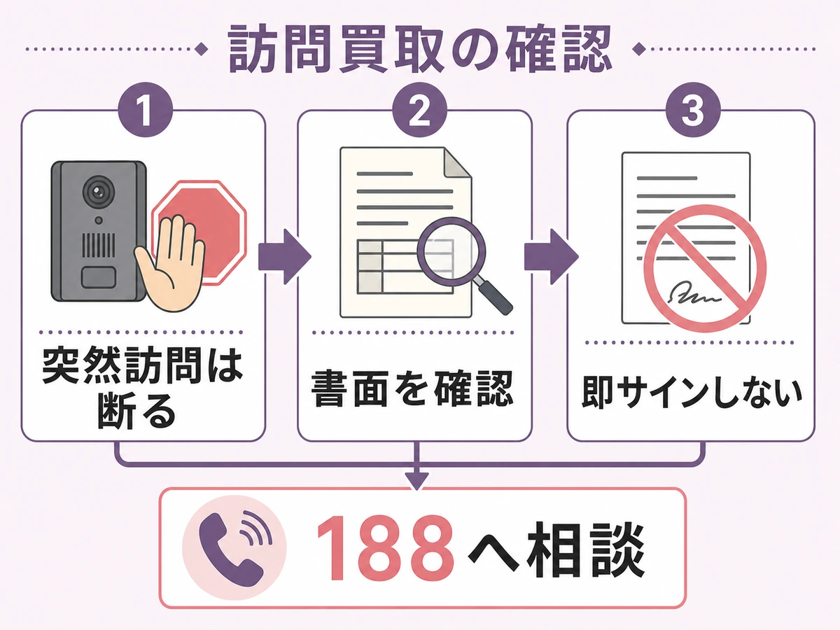 訪問買取で突然訪問を断り書面確認と188相談へ進む流れの図