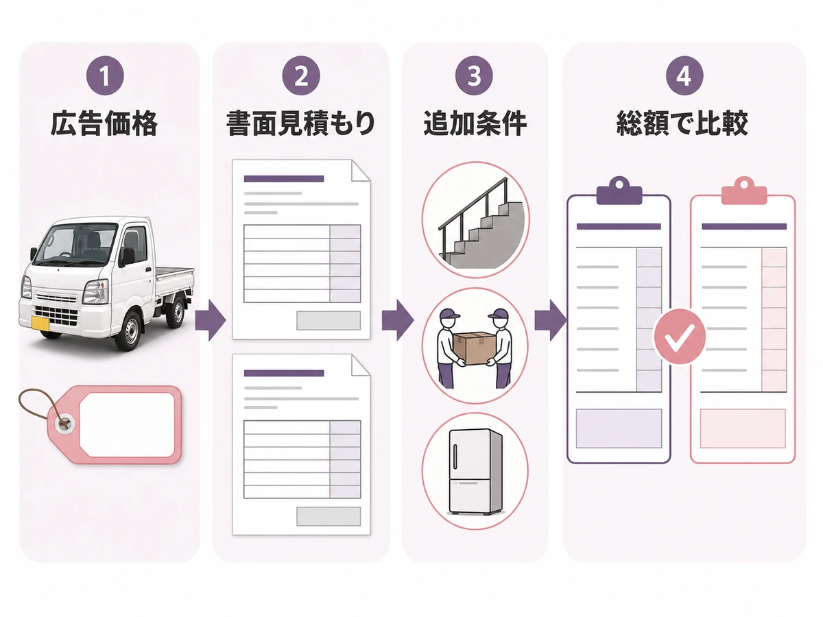 軽トラの広告価格から書面見積もり、追加条件確認、総額比較へ進む判断フロー