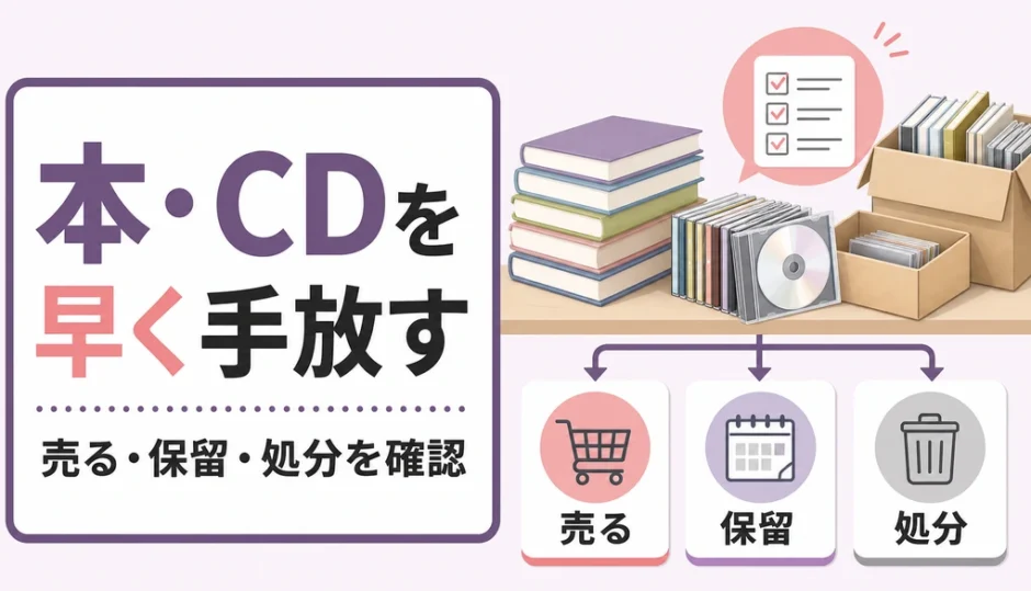 大量の本とCDを売る・保留・処分に分ける確認イメージ