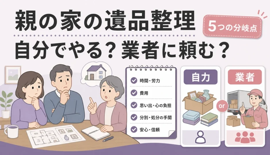 親の家の遺品整理を自分でやるか業者に頼むかを判断する図