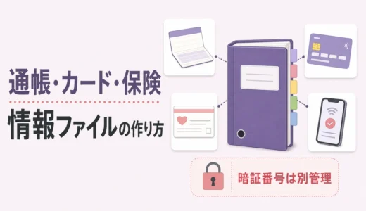 通帳・カード・保険をまとめる情報ファイルと暗証番号の別管理を示す図