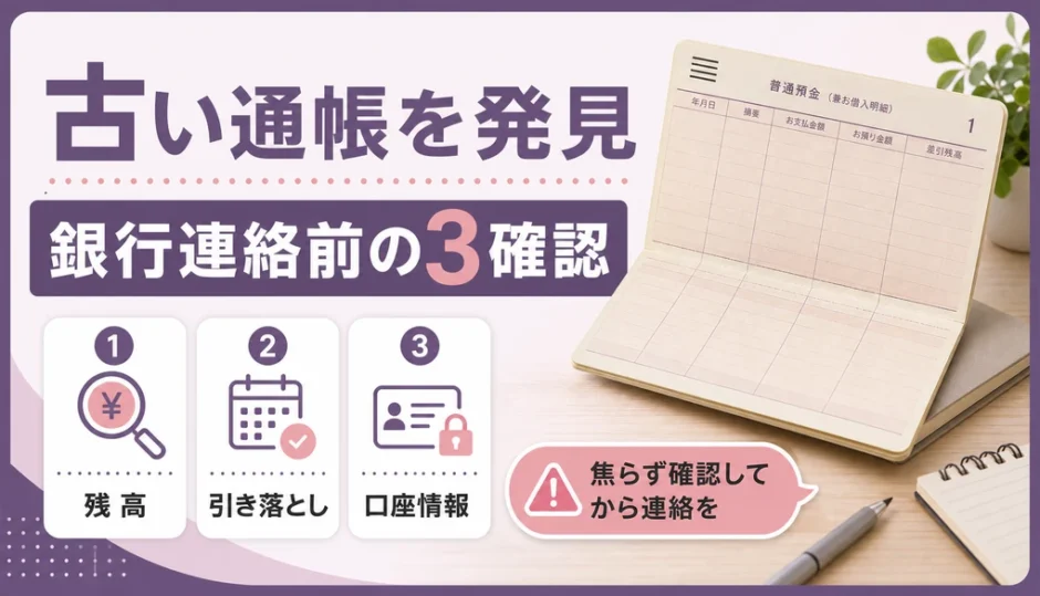 古い通帳を発見したときに銀行連絡前の確認項目を示すサムネイル