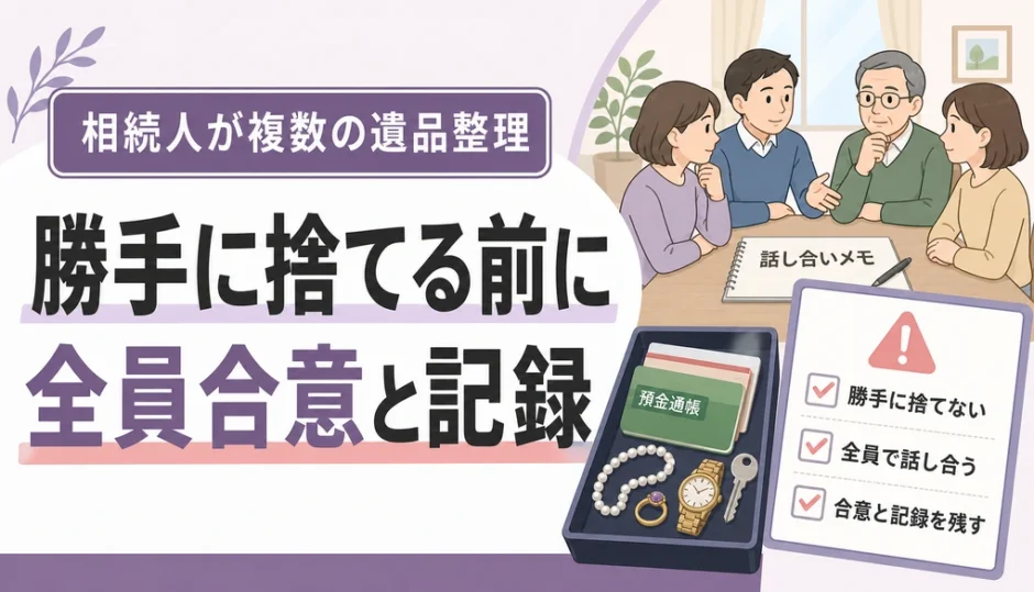 相続人が複数いる遺品整理で勝手に捨てる前に合意と記録を確認する図