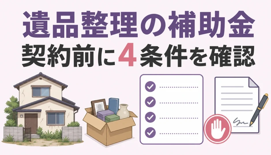 遺品整理の補助金を契約前に4条件で確認することを示す図