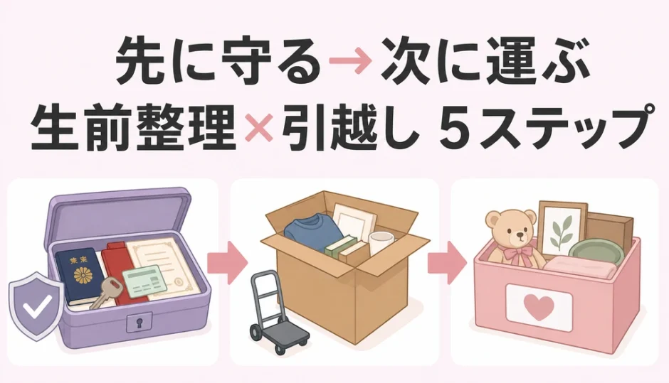 生前整理と引越しで、重要物を守ってから運ぶ5ステップを示す図