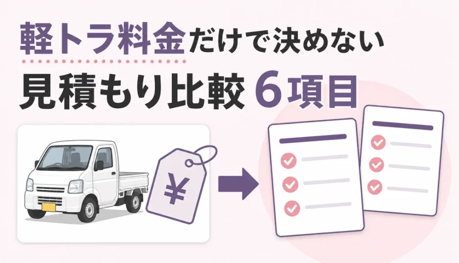 軽トラの広告料金だけで決めず、遺品整理の見積もり6項目を比べることを示す図