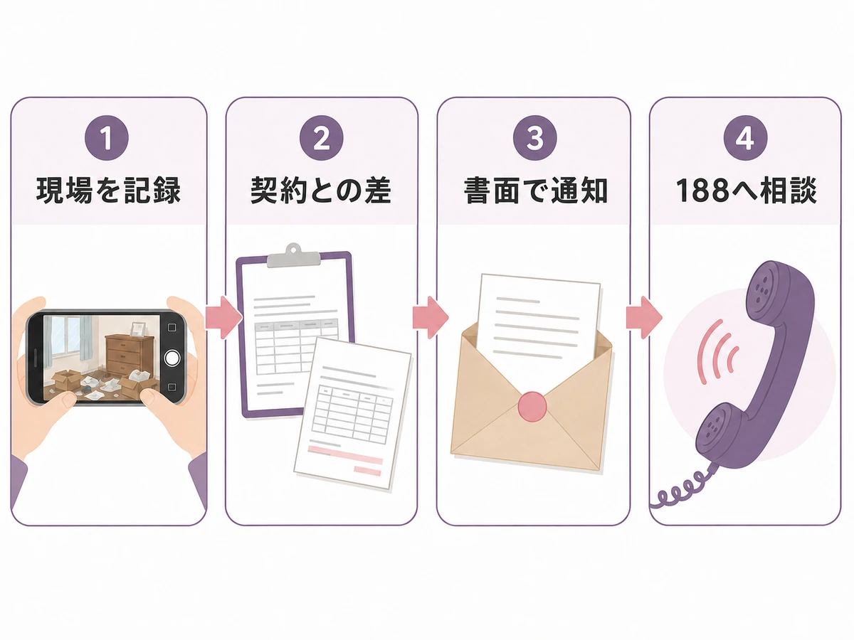 現場を記録し、契約との差を整理して、書面通知から188相談へ進む4ステップ