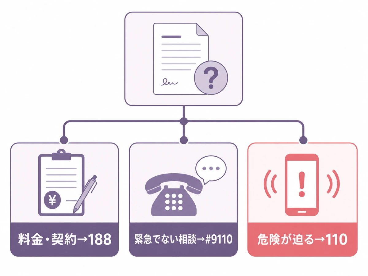 料金・契約は188、緊急でない相談は#9110、危険が迫る場合は110を示す判断図