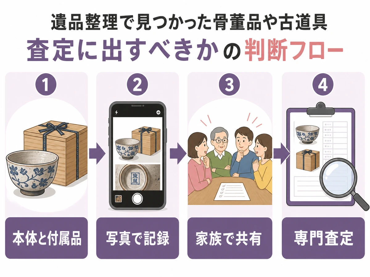 骨董品を本体と付属品ごと記録し、家族共有後に専門査定へ進む流れ