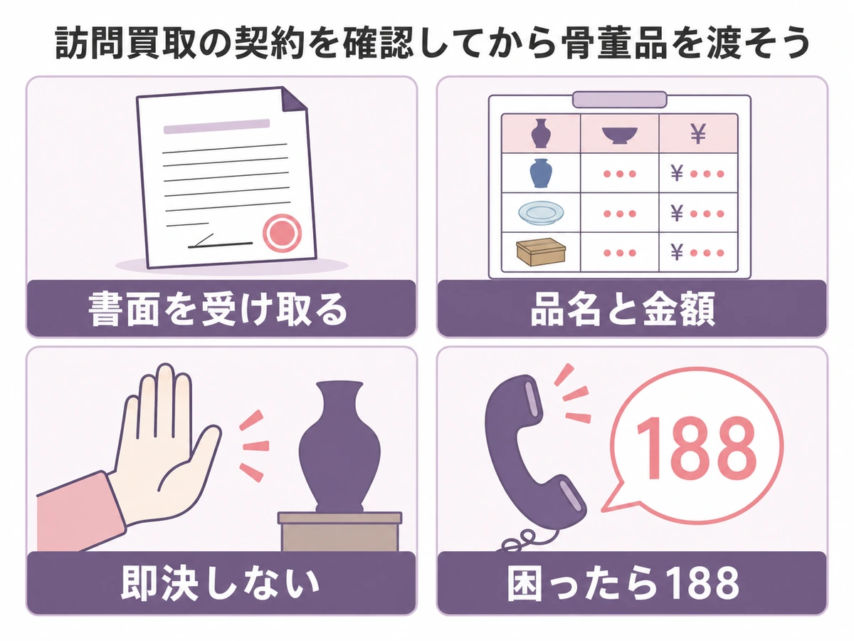 出張買取で書面と品名・金額を確認し、即決せず困ったら188へ相談する判断図