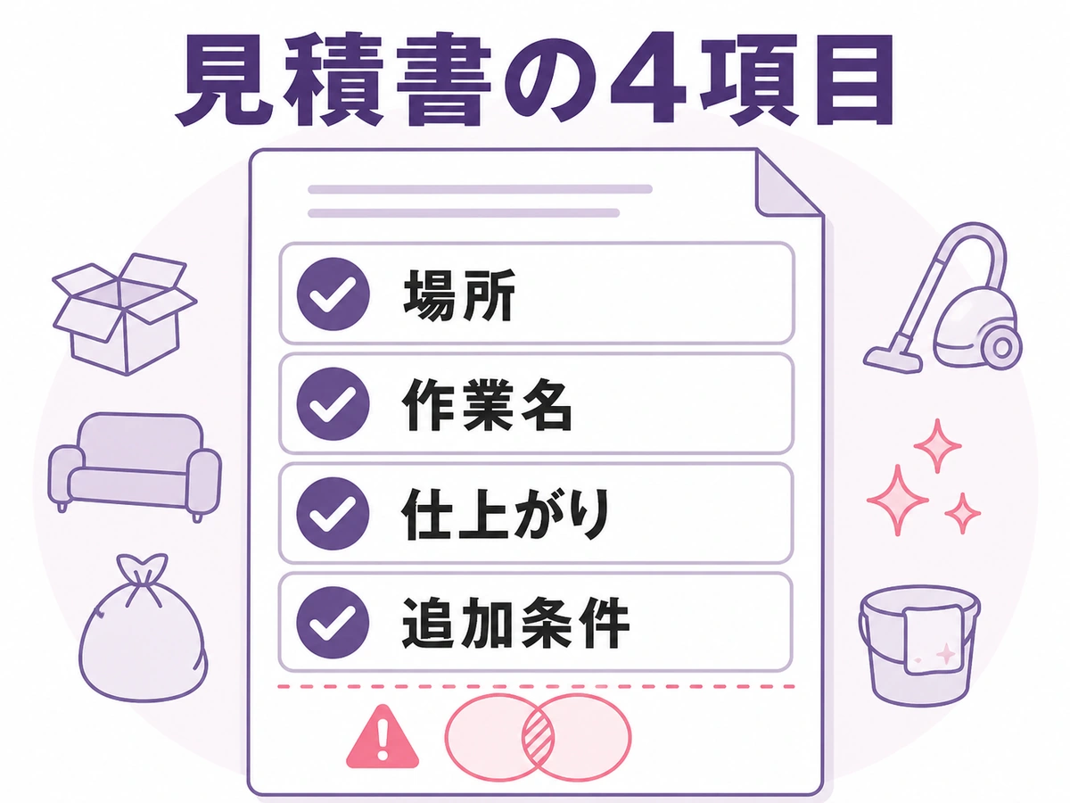 遺品整理とハウスクリーニングの見積書で場所・作業名・仕上がり・追加条件を確認する図