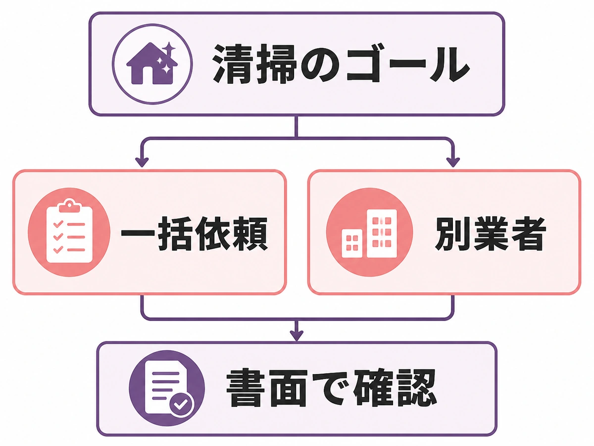 清掃のゴールから一括依頼と別業者を選び、最後に書面で確認する判断図