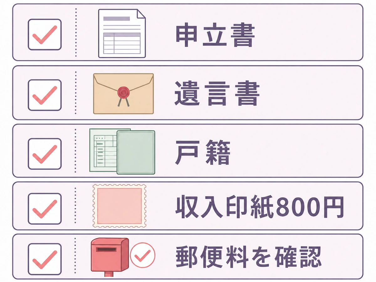 遺言書の検認申立てで準備する申立書・遺言書・戸籍・収入印紙・郵便料のチェック図