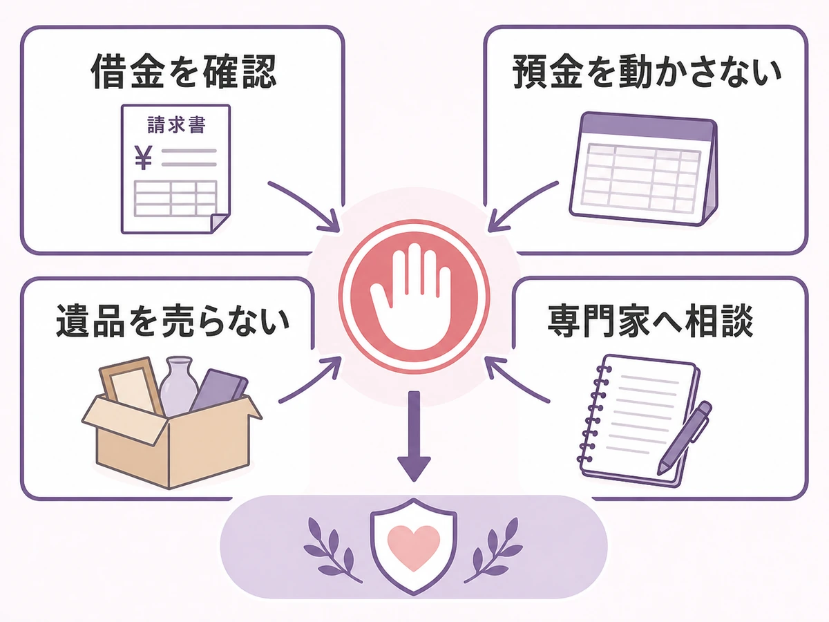 相続放棄を検討中に止める行動と確認先を示す判断図