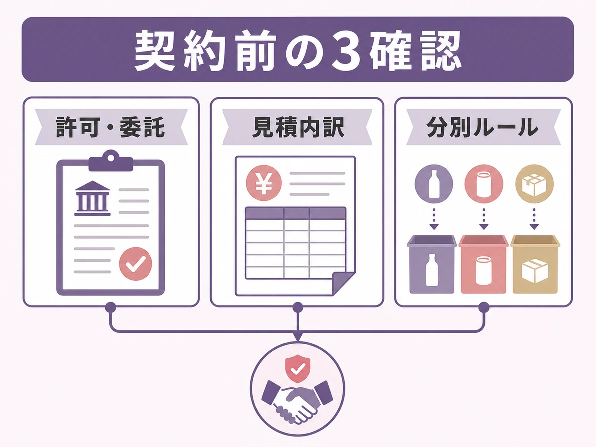 遺品整理業者と契約する前に許可・委託、見積内訳、分別ルールを確認する図