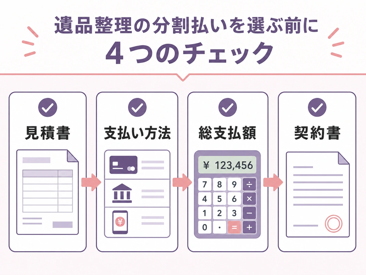 遺品整理の分割払い前に見積書、支払い方法、総支払額、契約書を確認する流れ