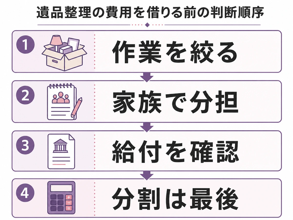 遺品整理費用を借りる前に作業範囲、家族分担、給付を確認して分割を最後に検討する順序