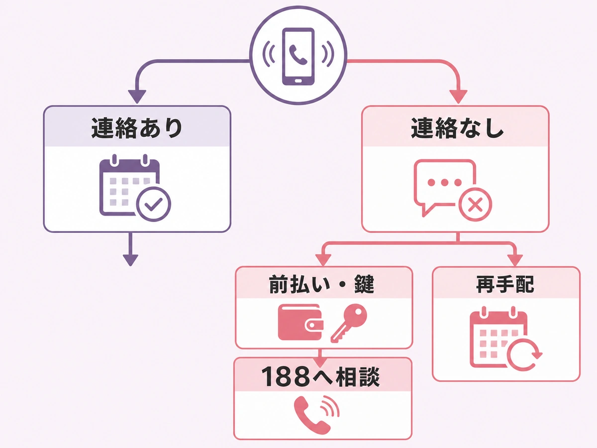 遺品整理業者との連絡状況、前払い・鍵の有無から相談と再手配を判断する図