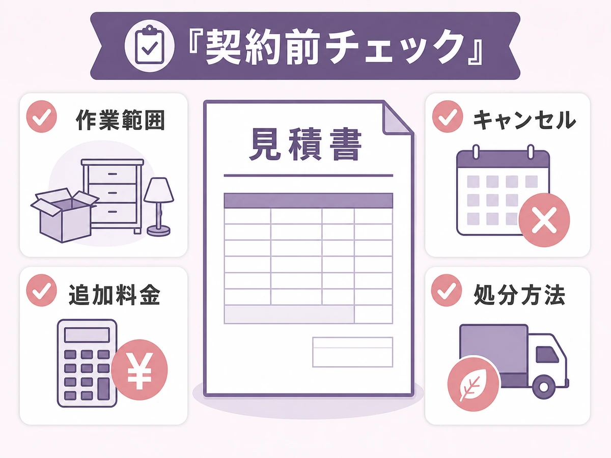 遺品整理の契約前に作業範囲、追加料金、キャンセル、処分方法を確認するチェック図