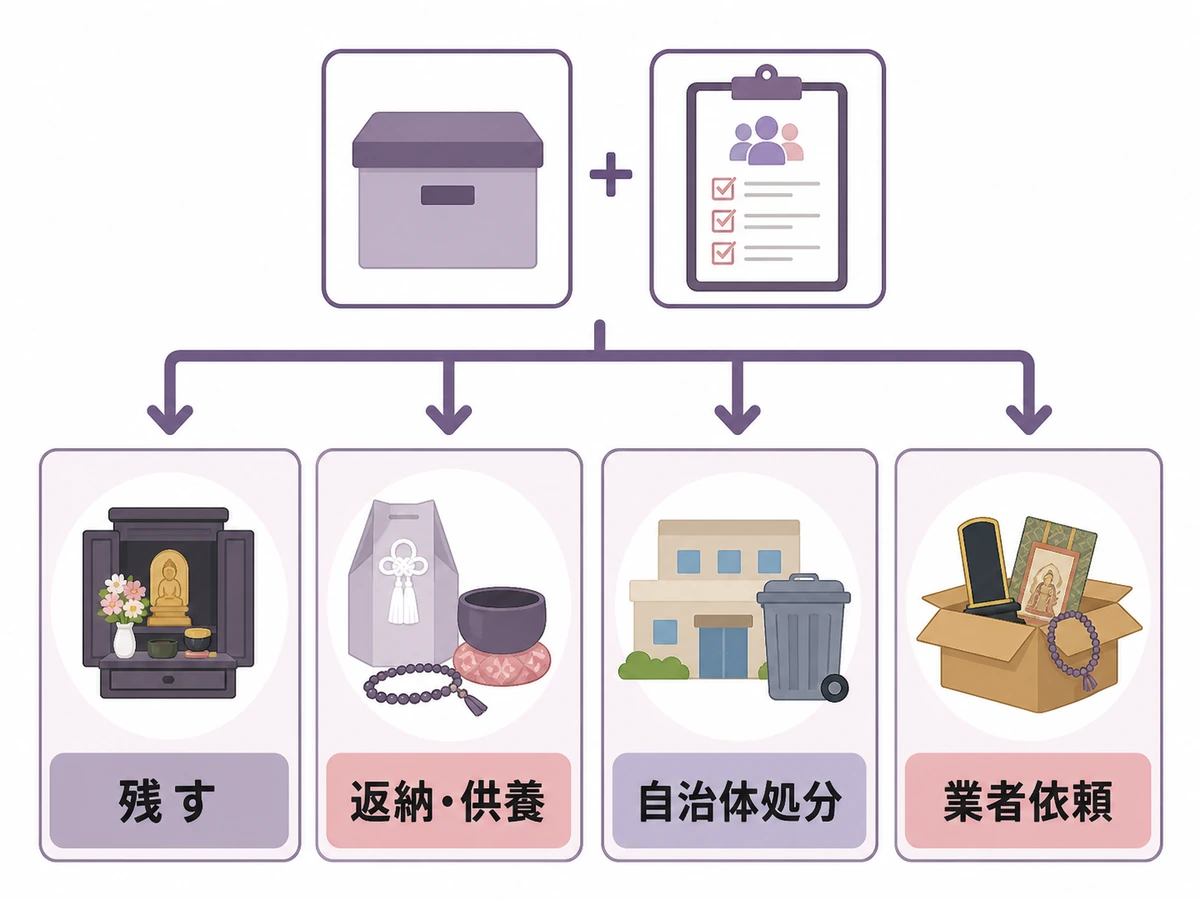 宗教的な遺品を残す・返納や供養・自治体処分・業者依頼へ分ける判断図