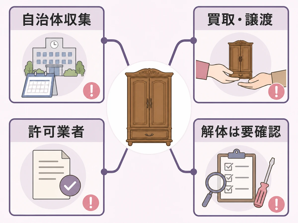 婚礼家具の自治体収集、買取・譲渡、許可業者、自力解体の選択肢