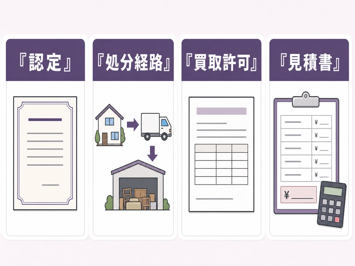 遺品整理業者を認定、処分経路、買取許可、見積書の4項目で比べる図