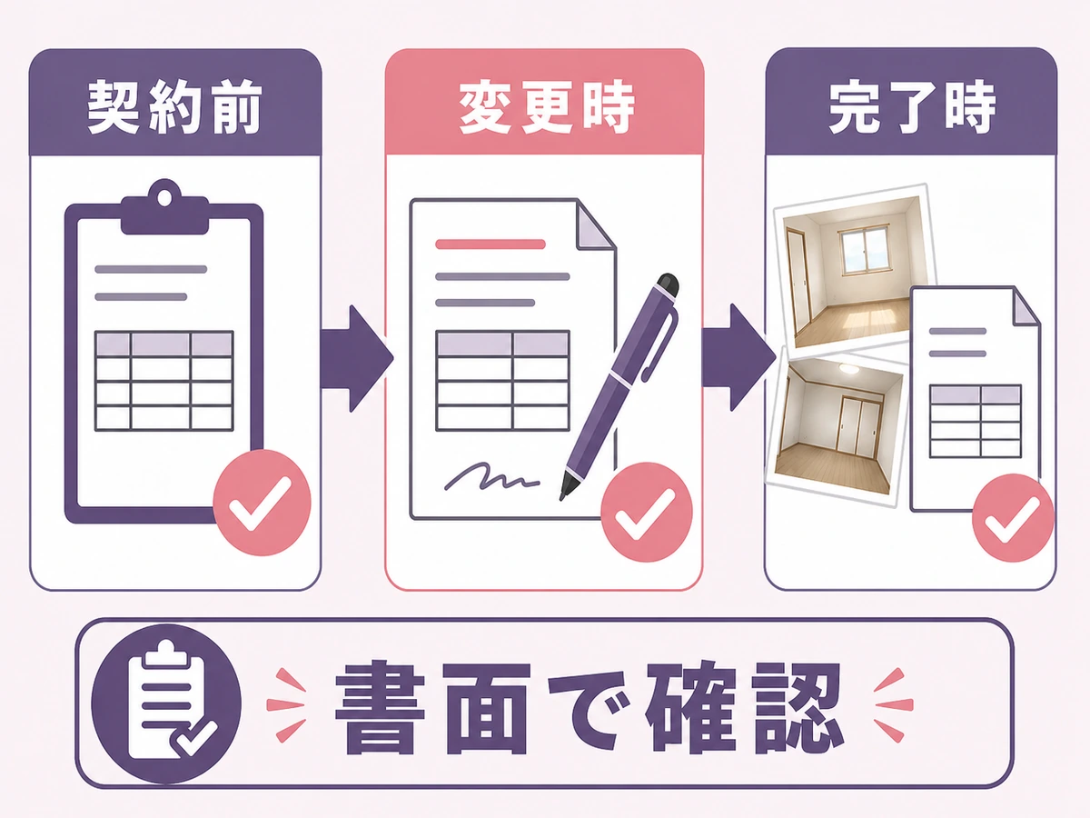 遺品整理の契約前、変更時、完了時に書面で確認する3段階の流れ