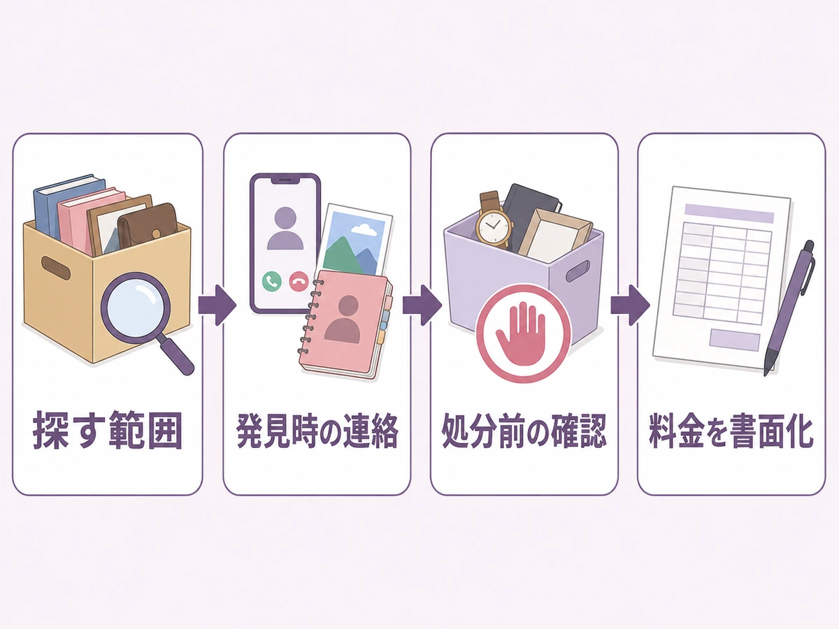 探す範囲、発見時の連絡、処分前の確認、料金の書面化を示すチェックフロー
