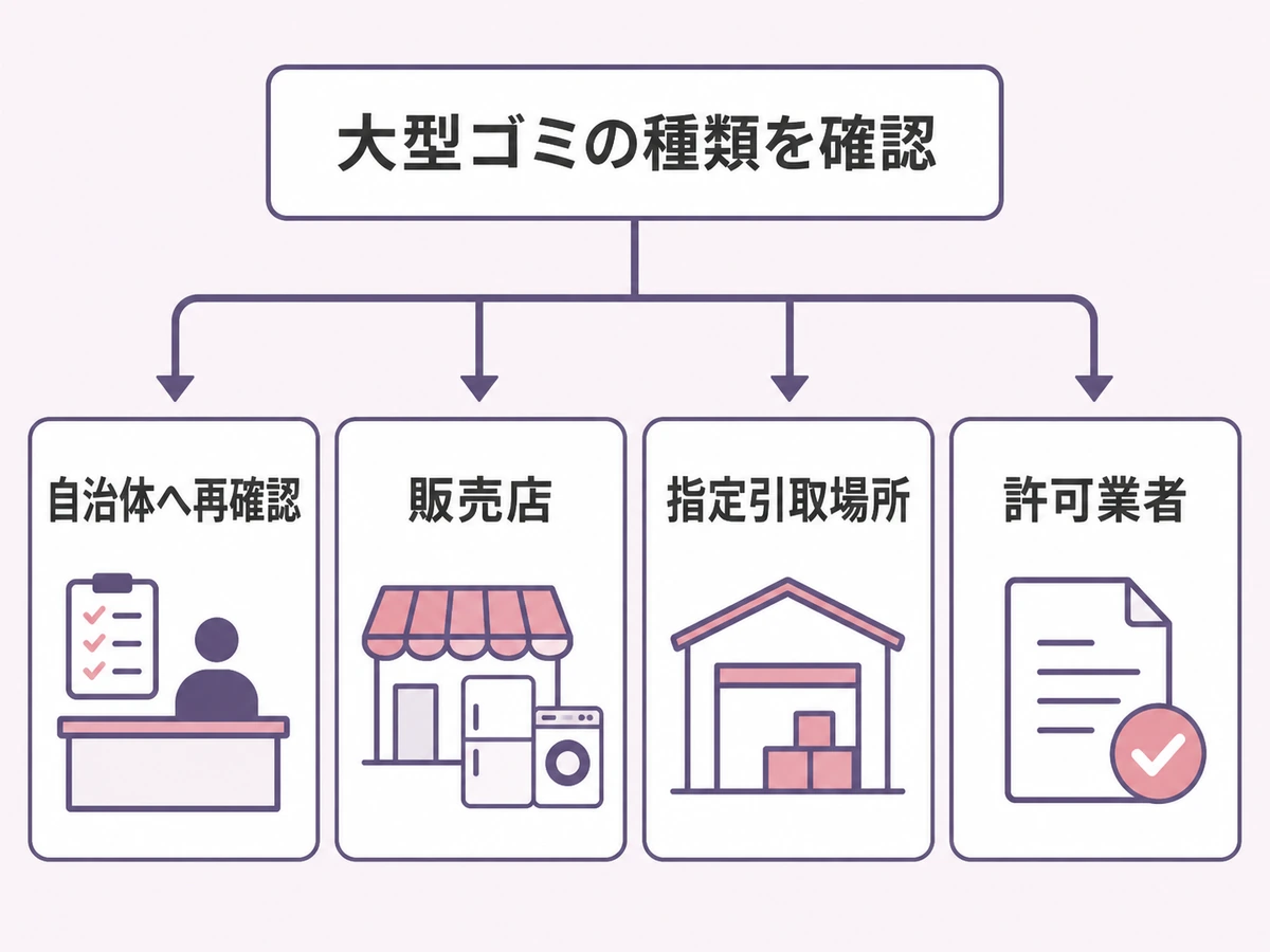 大型ゴミの種類から自治体・販売店・指定引取場所・許可業者を選ぶ確認フロー