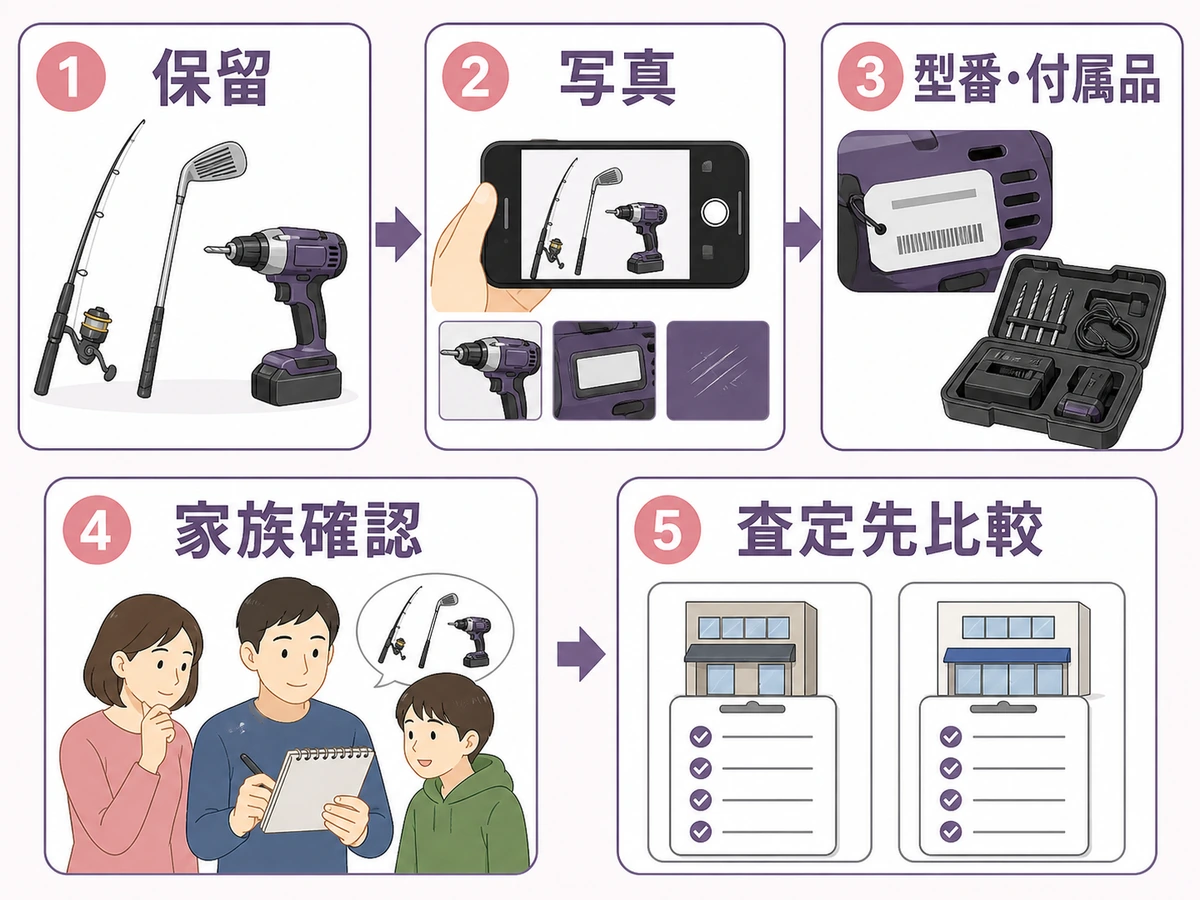 遺品の趣味道具を保留し、写真・型番・付属品を記録して家族確認後に査定先を比べる流れ
