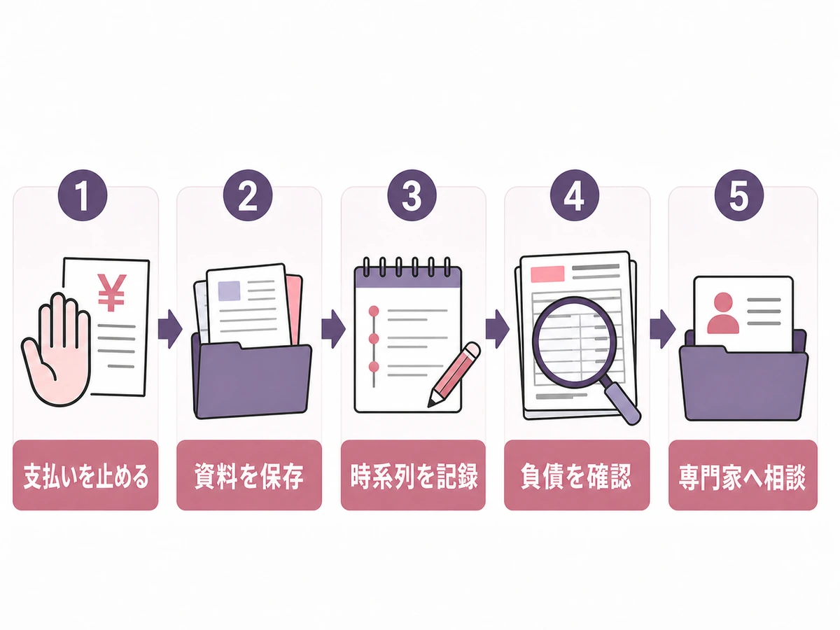 借金を見つけた後に支払い停止、資料保存、時系列記録、負債確認、専門家相談へ進む5ステップ