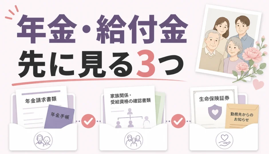 故人の年金・給付金を確認する3つの分類を示した図