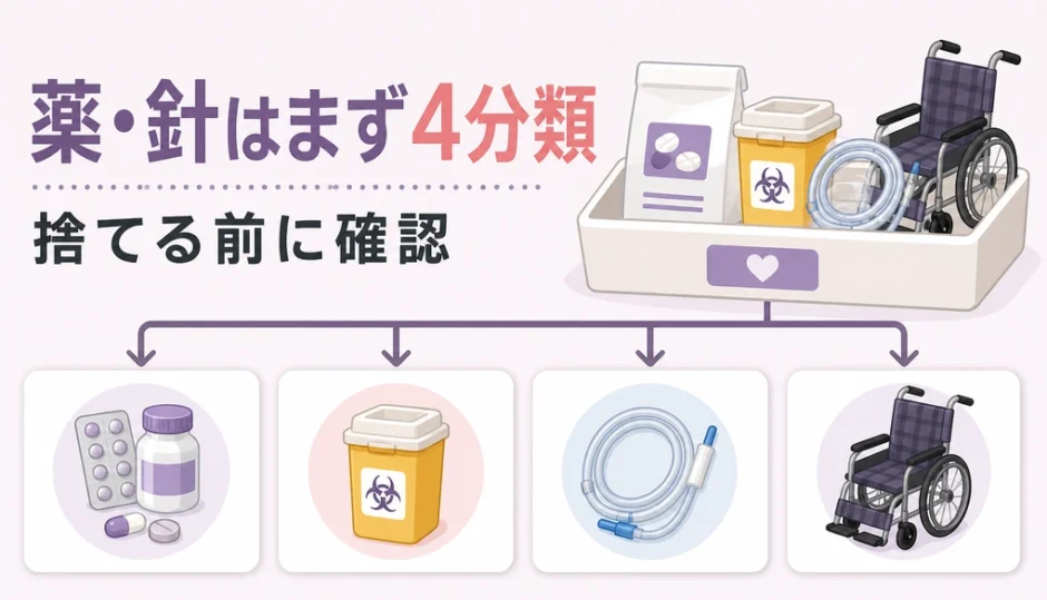 遺品整理で見つかった薬・注射針・医療用品を4分類して確認する図