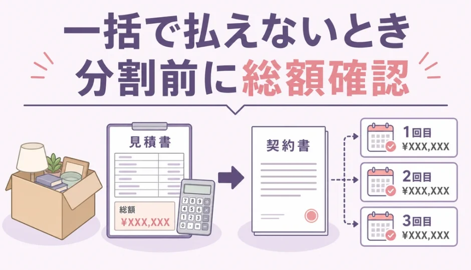 遺品整理費用を一括で払えないときに分割前の総額確認を促す図