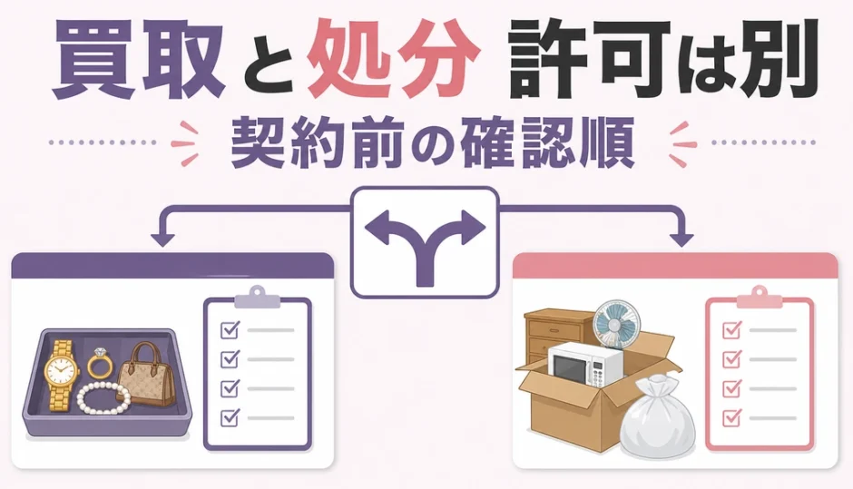 遺品整理の買取と処分で確認する許可が異なることを示す図