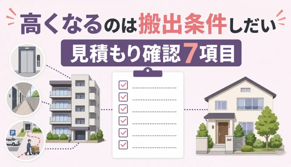 マンションの遺品整理費用は搬出条件で変わり、見積もり前に7項目を確認することを示す図