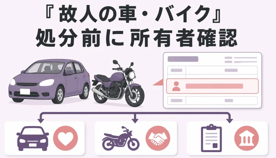 故人の車・バイクを処分する前に車検証の所有者を確認することを示す図
