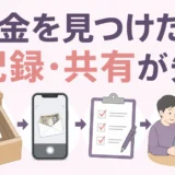 遺品整理で現金を見つけたら記録と共有を優先することを示す図