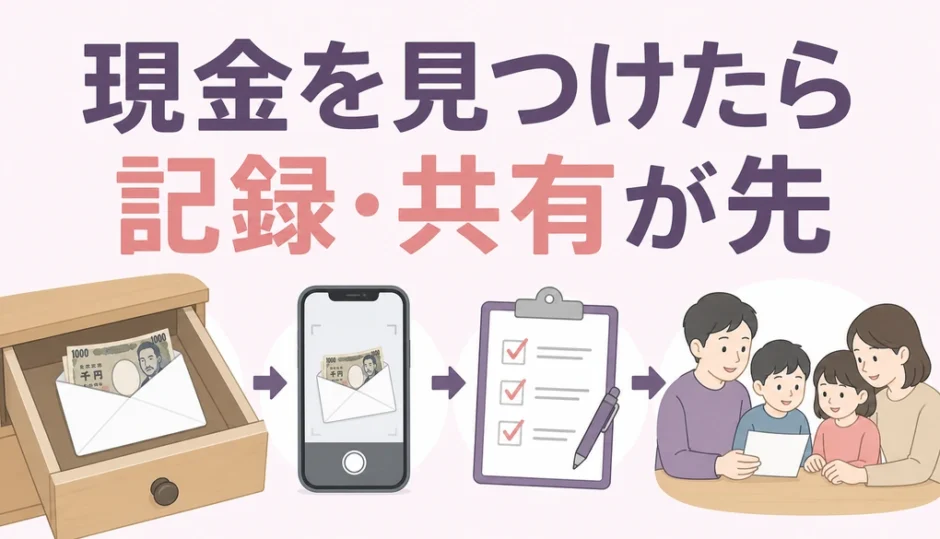 遺品整理で現金を見つけたら記録と共有を優先することを示す図